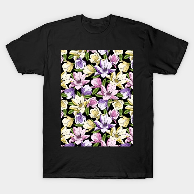 Magnolia Blooming On Black Background T-Shirt by Designoholic